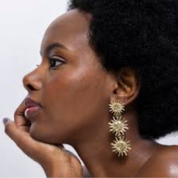 Zara. Gold Triple Sun Earrings - Picture 4 of 14